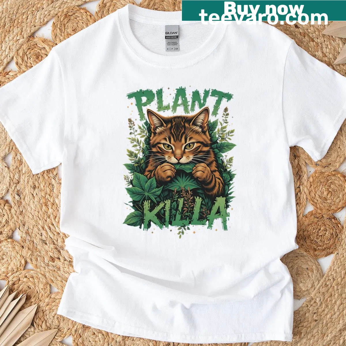 90s themed T-shirt with pirate rap cat and plants illustration — on a men's t-shirt