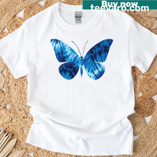 Tie-dye T-shirt featuring a butterfly illustration in a blended design