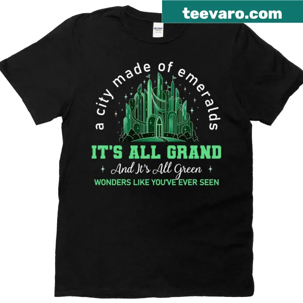Whimsical city illustration made of emeralds on a t-shirt