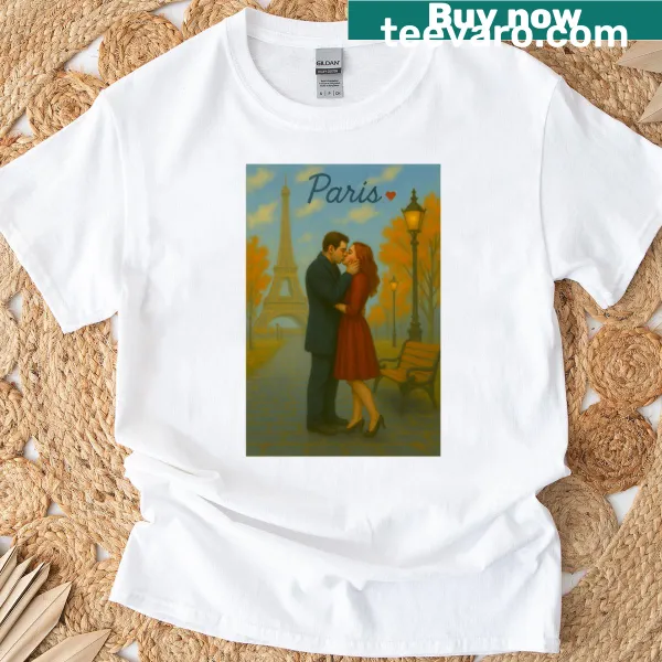 Illustrative T-shirt depicting a couple kissing in Paris