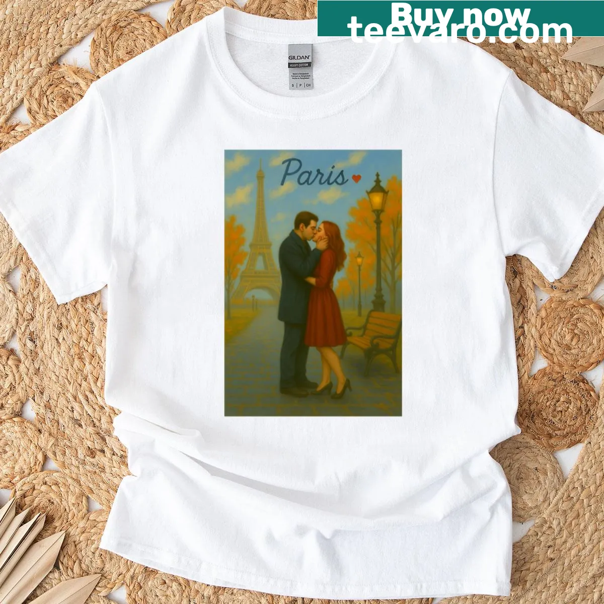 Illustrative T-shirt depicting a couple kissing in Paris — on a men's t-shirt