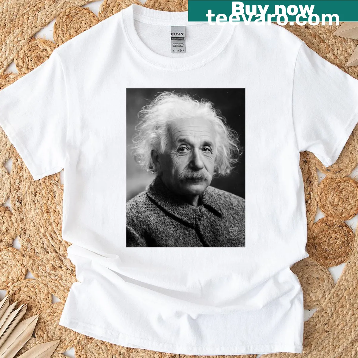 Illustration of Albert Einstein’s head on a t-shirt — on a men's t-shirt