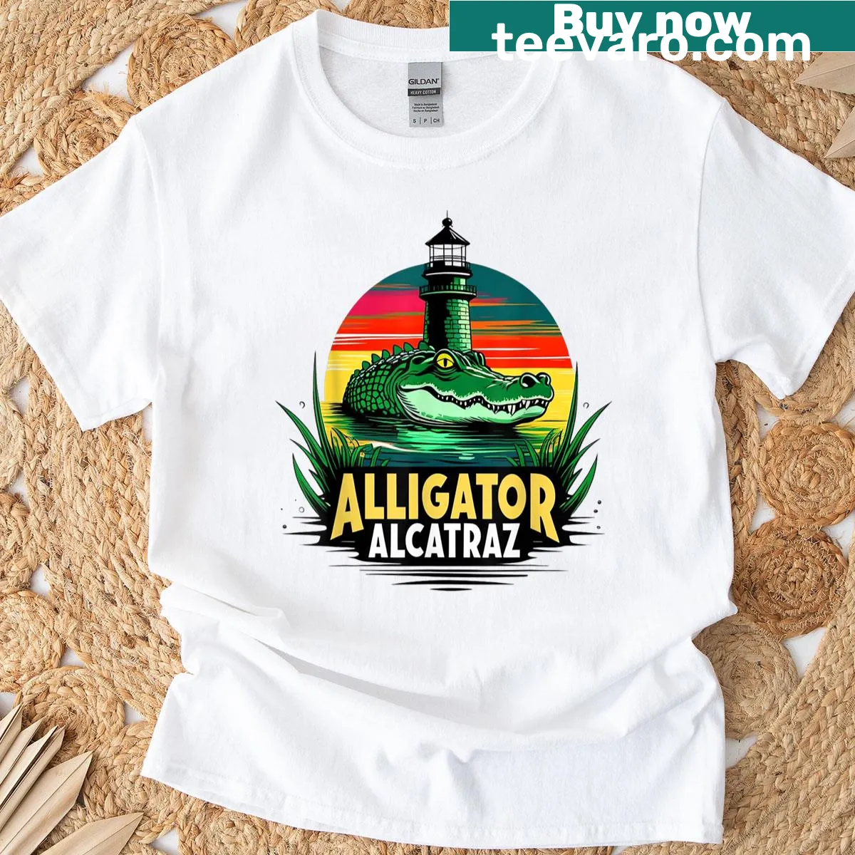 Retro alligator graphic t-shirt featuring Alcatraz Island — on a men's t-shirt