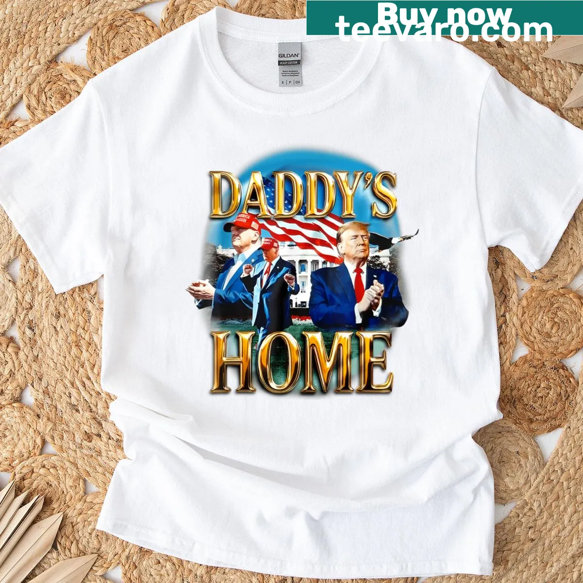 Trump-themed humor T-shirt with 'Daddy's Home' text — on a men's t-shirt