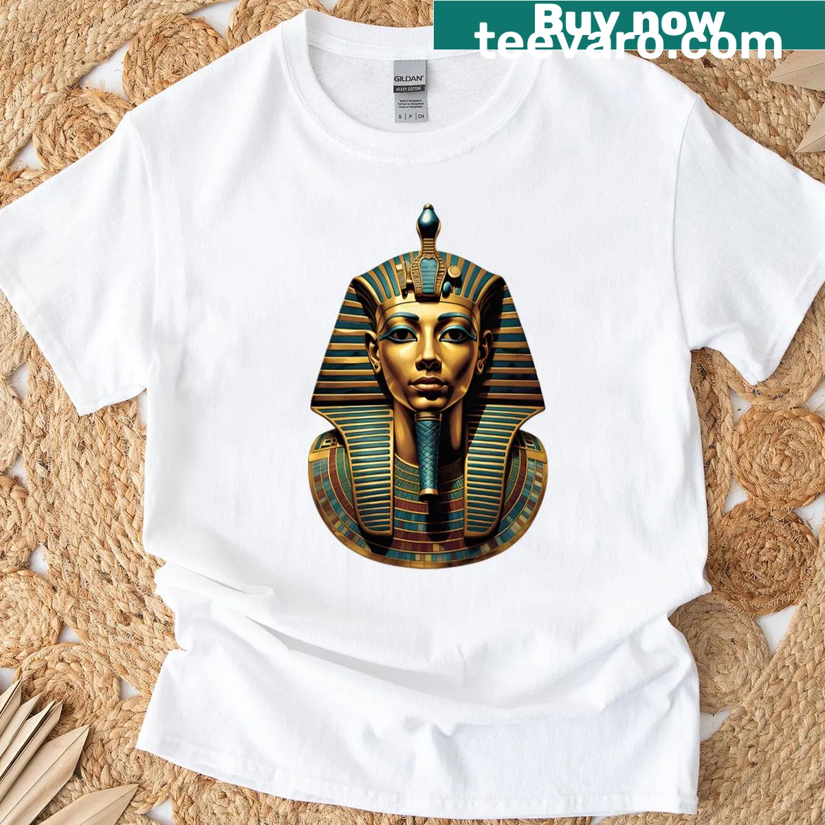 Oversized T-shirt featuring Tutankhamun mask illustration — on a men's t-shirt