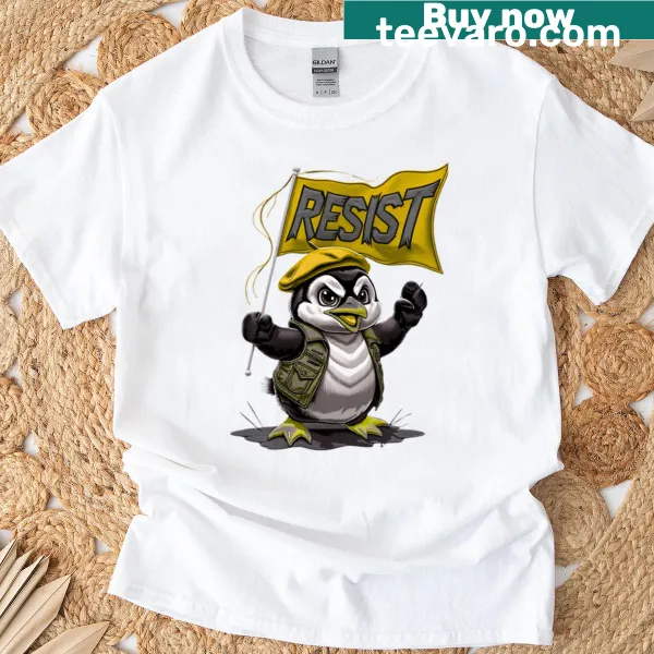 Cartoon art of an angry penguin with a resist flag on a T-shirt