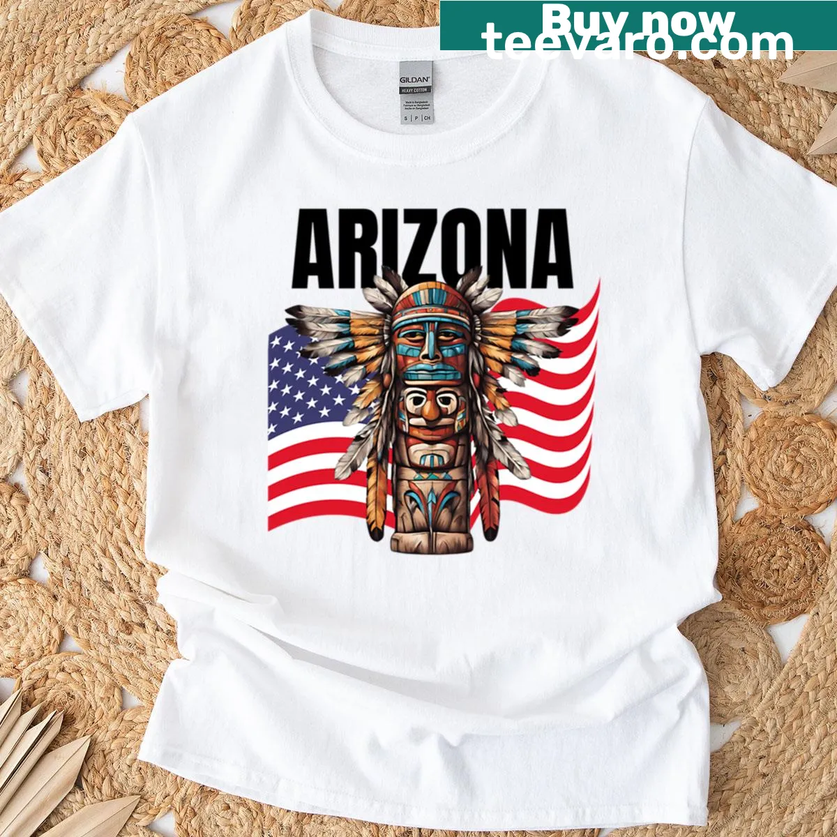 Nature-themed t-shirt with totem pole illustration — on a men's t-shirt