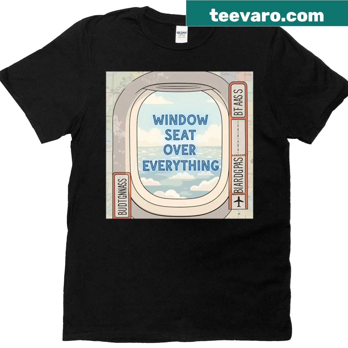 Travel-themed t-shirt with 'Window Seat Over Everything' text — on a men's t-shirt