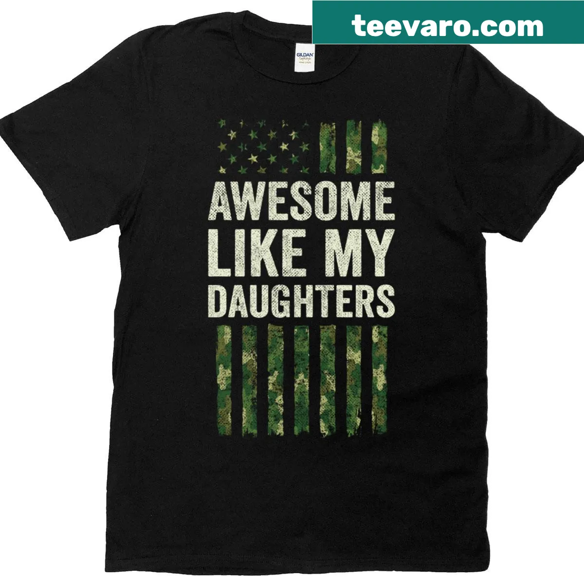 Military camo t-shirt with 'Awesome Like My Daughters' and American flag — on a men's t-shirt