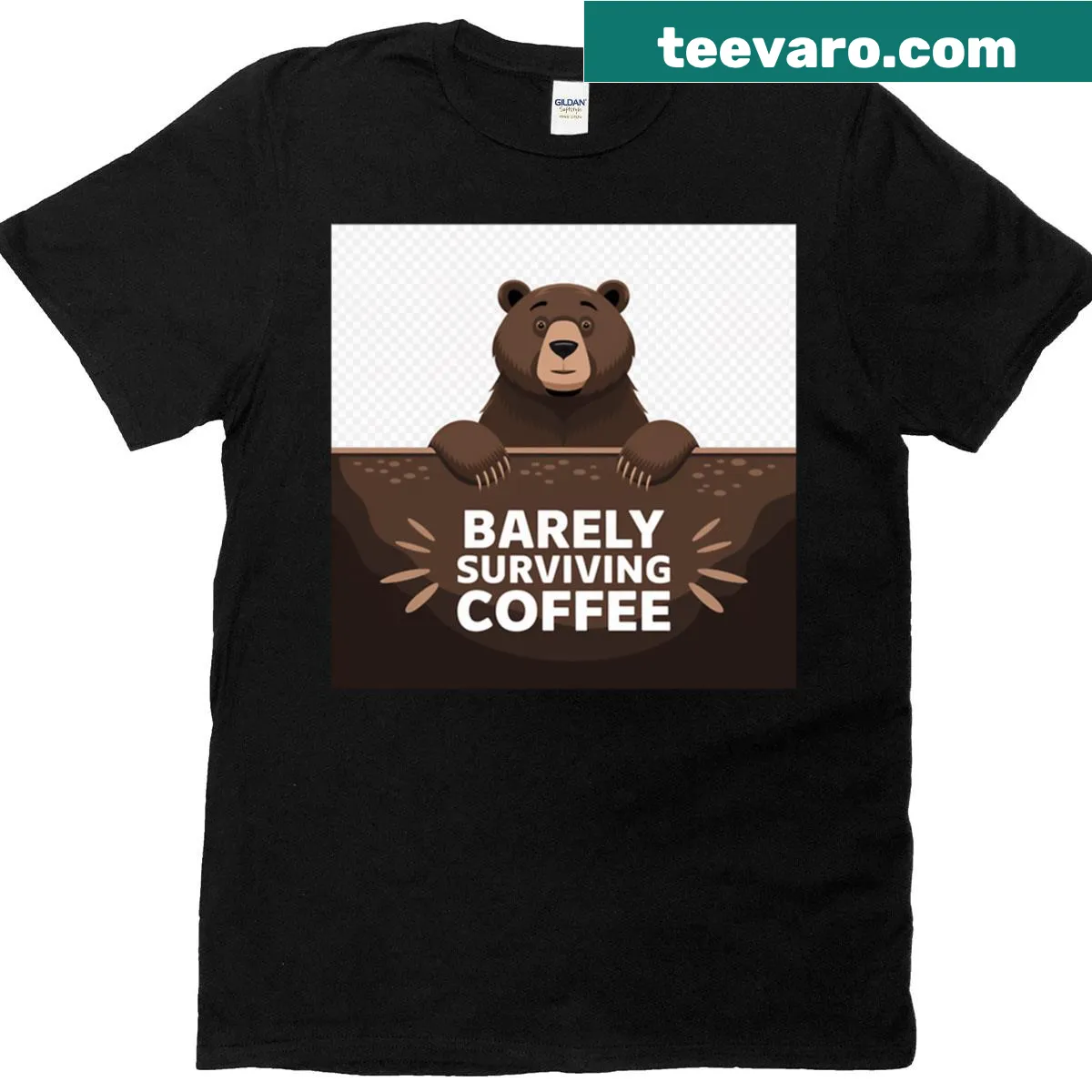 Funny t-shirt with a tired bear and 'Barely Surviving Coffee' text — on a men's t-shirt