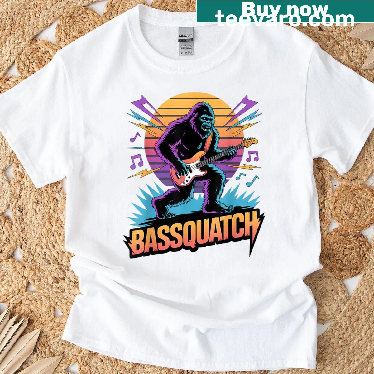 Funny vintage t-shirt featuring Bigfoot with a bass guitar — on a men's t-shirt