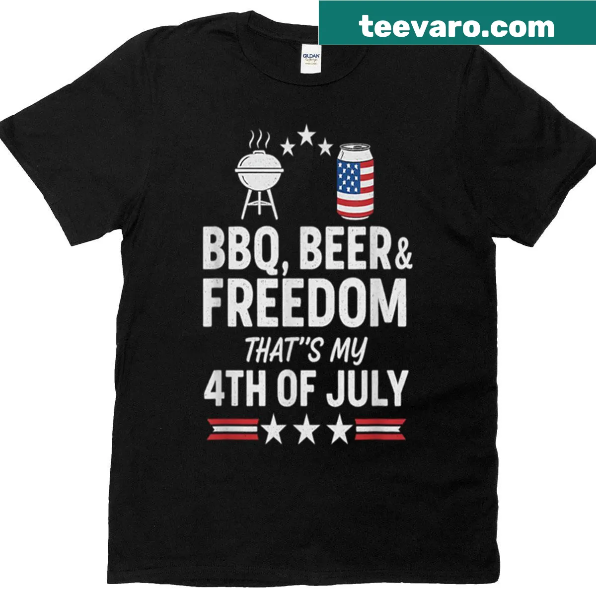 Funny 4th of July T-shirt with BBQ and beer typography design — on a men's t-shirt
