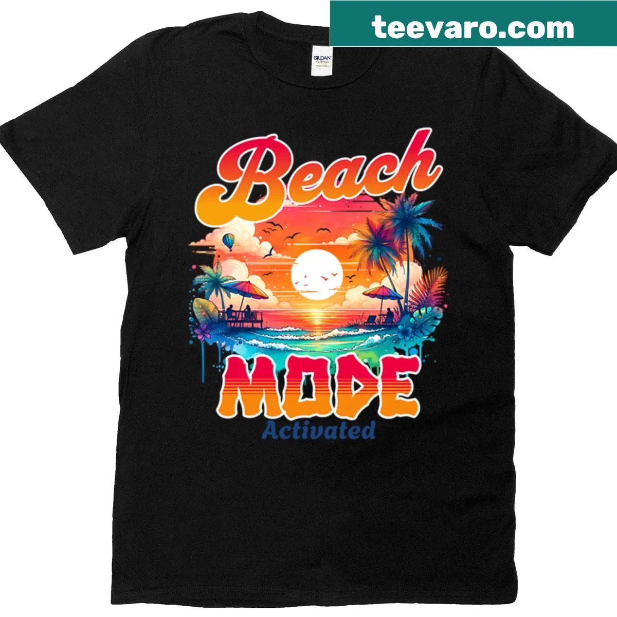 Retro beach-themed T-shirt with palm trees and sunset design — on a men's t-shirt