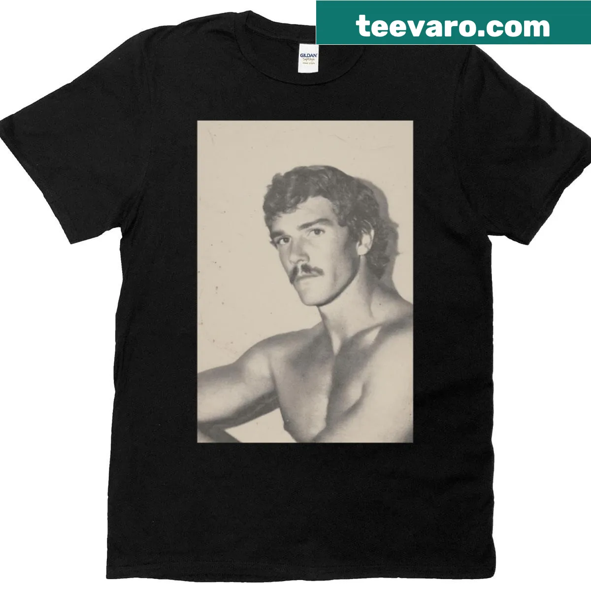 Vintage black and white t-shirt featuring a mustache male portrait. — on a men's t-shirt