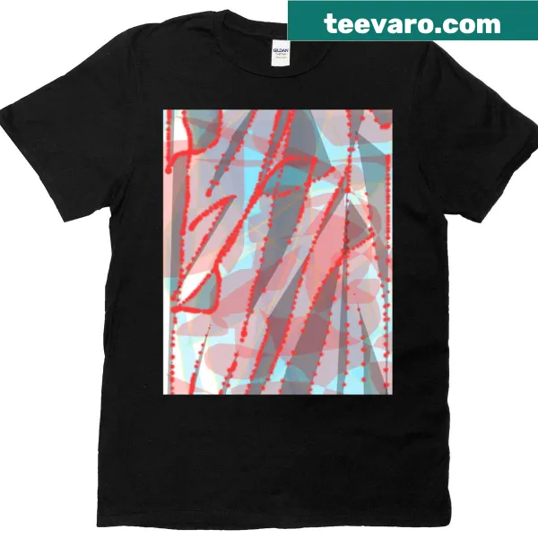 Graphic t-shirt featuring bold blue and red design.