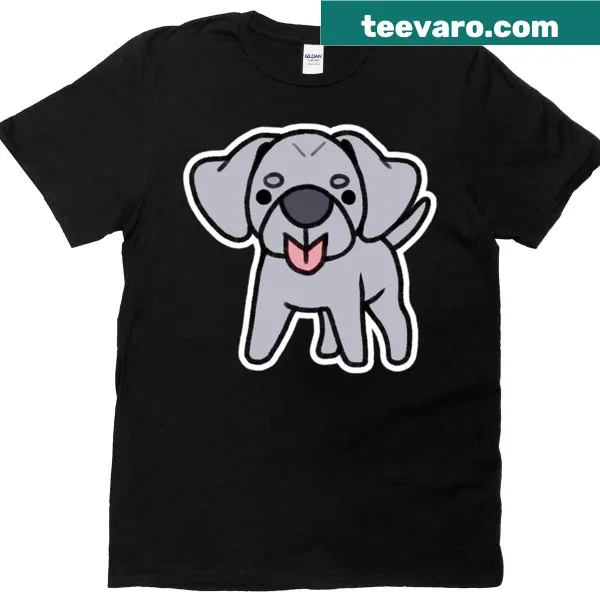 Cartoon blue Labrador Retriever blep graphic on T-shirt.