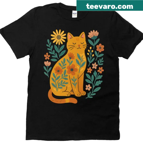 Boho style T-shirt featuring a floral design with a cat illustration