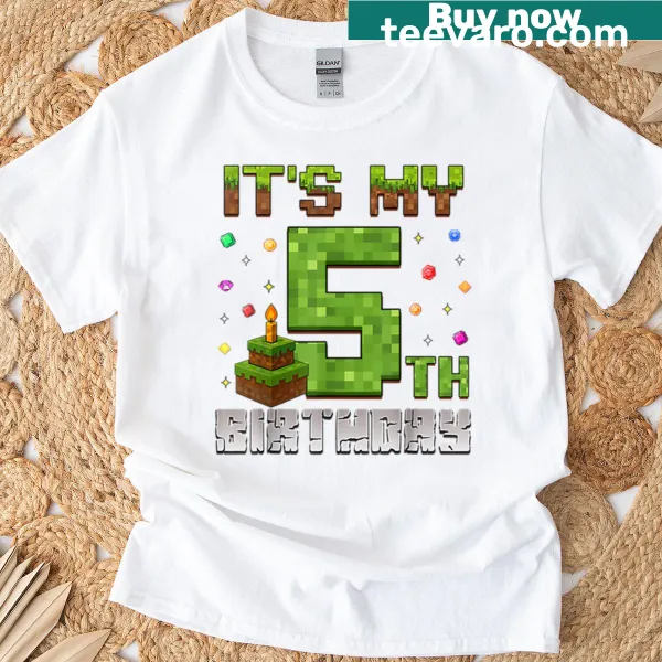 Pixelated gamer design on oversized 5th birthday T-shirt for kids