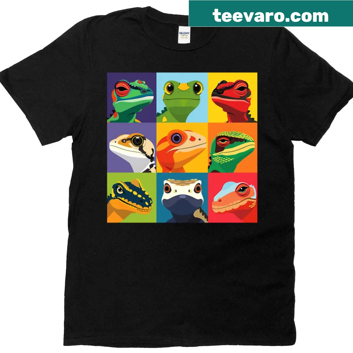 Funny gecko lizard sticker t-shirt with cartoon design — on a men's t-shirt