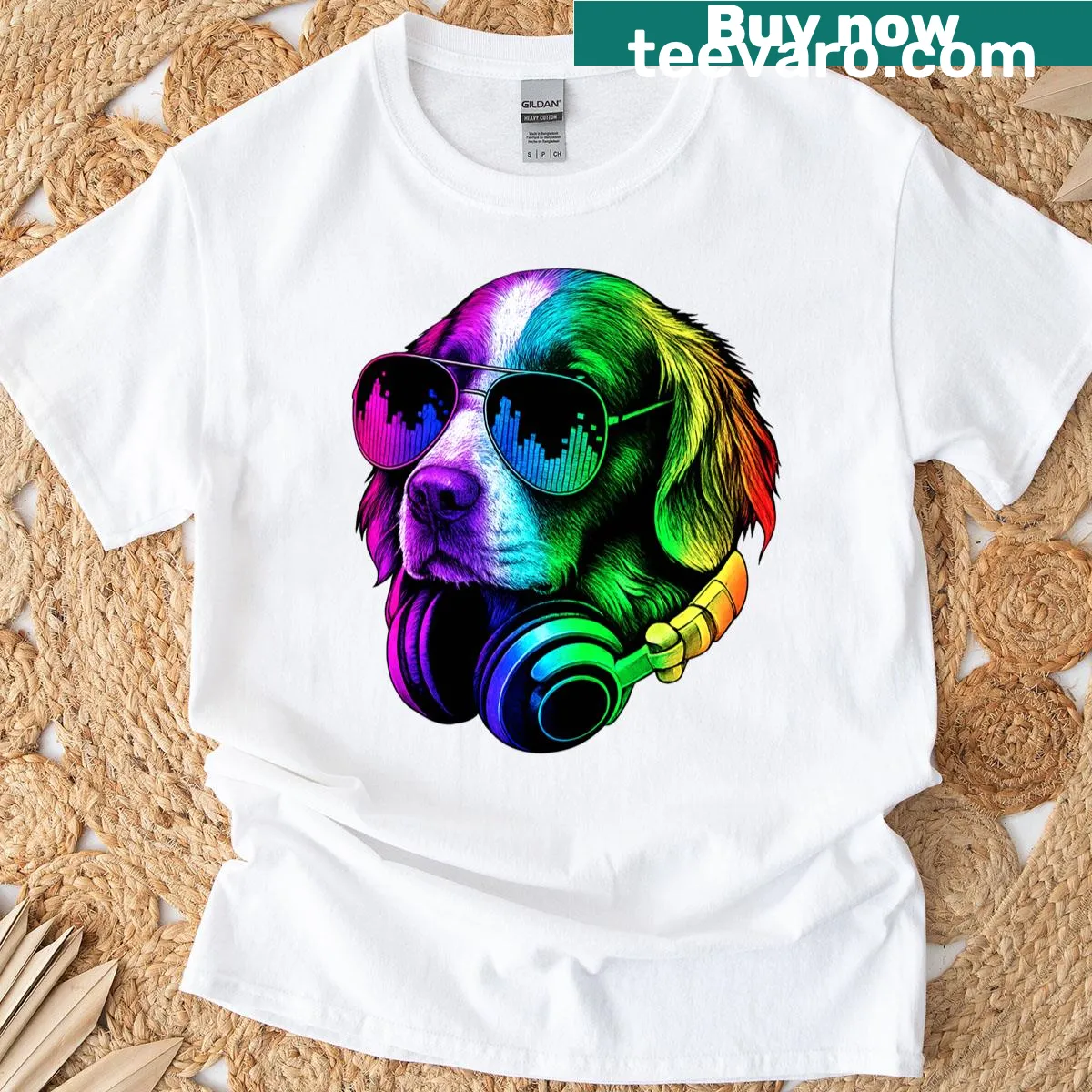 Retro t-shirt with Brittany Spaniel wearing headphones — on a men's t-shirt