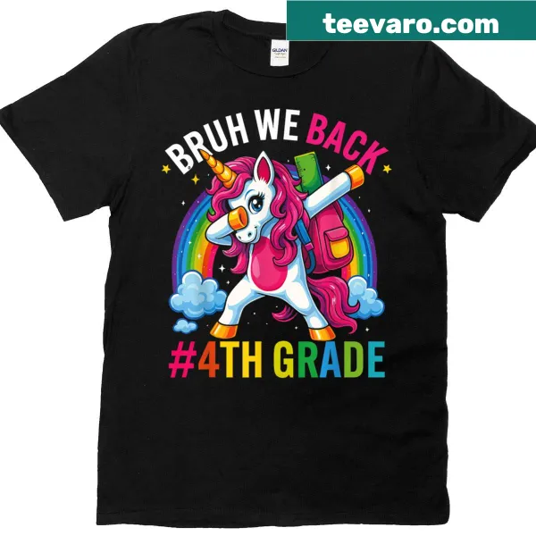 Playful unicorn T-shirt with 'Bruh We Back' for 4th graders