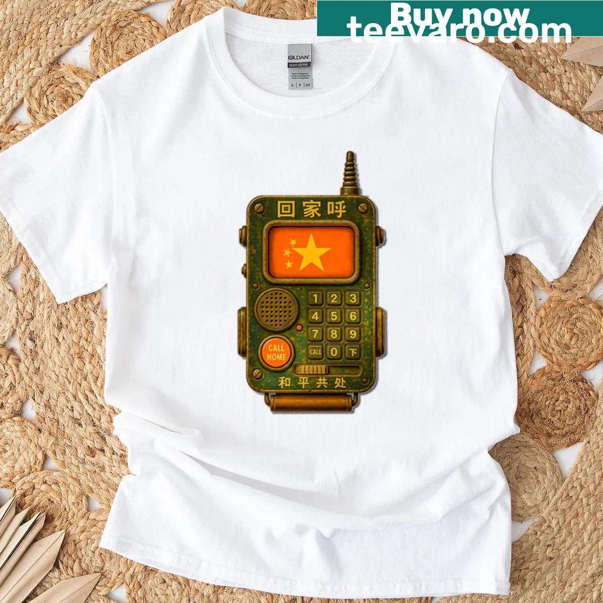 Vintage distressed T-shirt with a Chinese communicator graphic — on a men's t-shirt