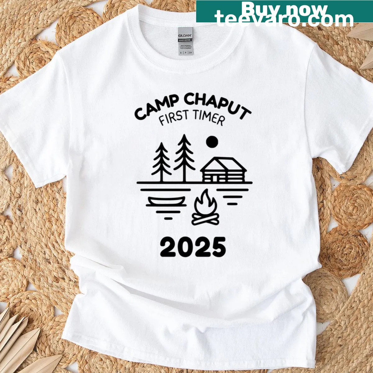 T-shirt with 'Camp Chaput First Timer' printed in black text — on a men's t-shirt