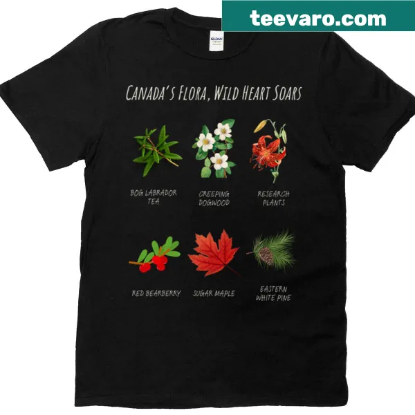 T-shirt celebrating Canada's diverse flora with artistic design.