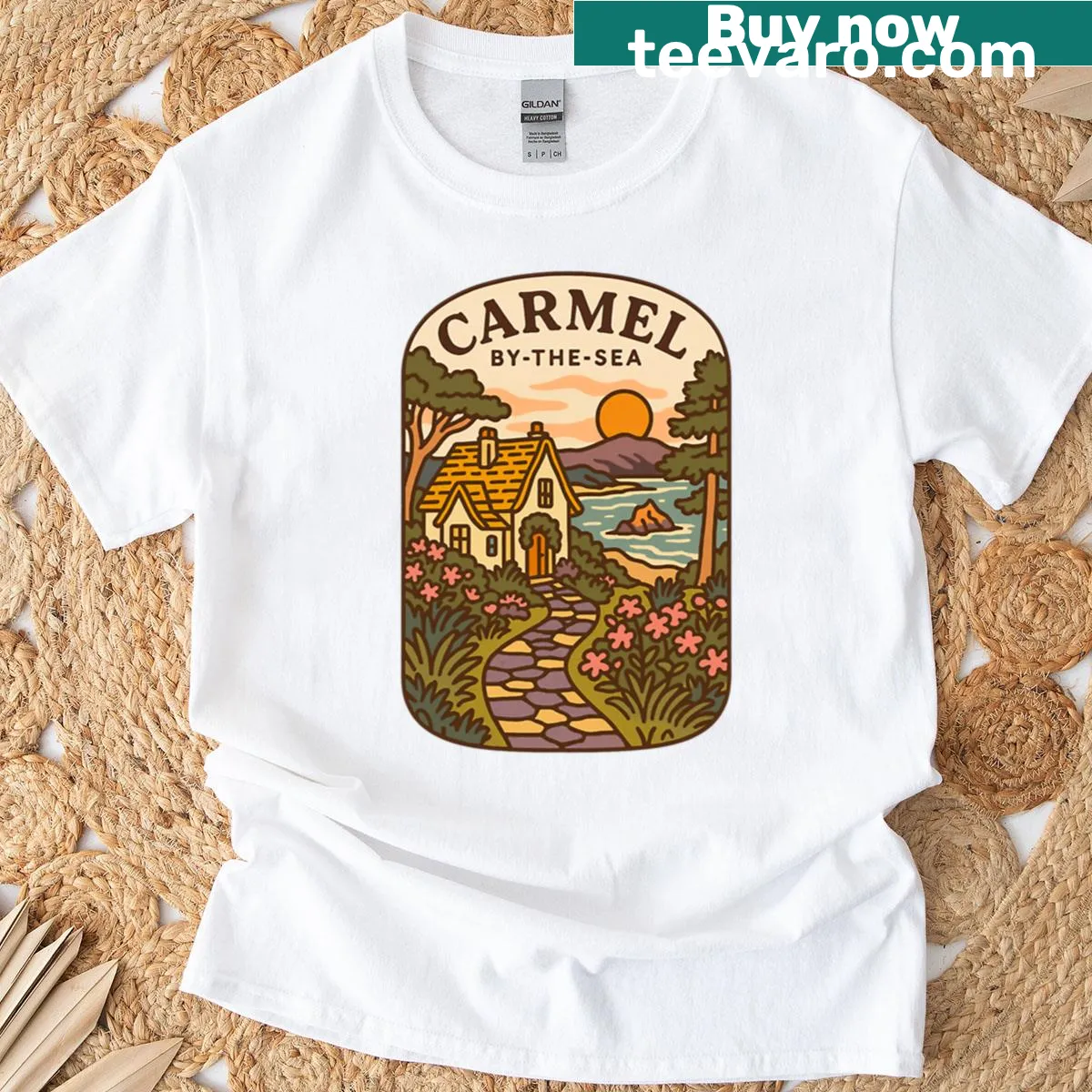 Seaside cottage design reflecting Carmel-by-the-Sea's beauty — on a men's t-shirt