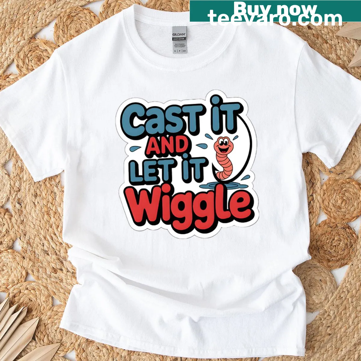Funny fishing T-shirt with a playful sticker design — on a men's t-shirt