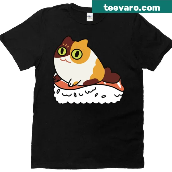 Playful T-shirt featuring a cat styled as sushi