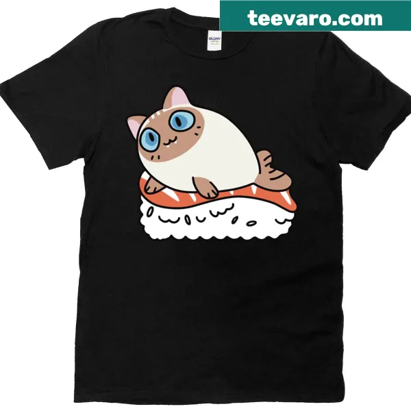 Oversized T-shirt with a cartoon cat and sushi design