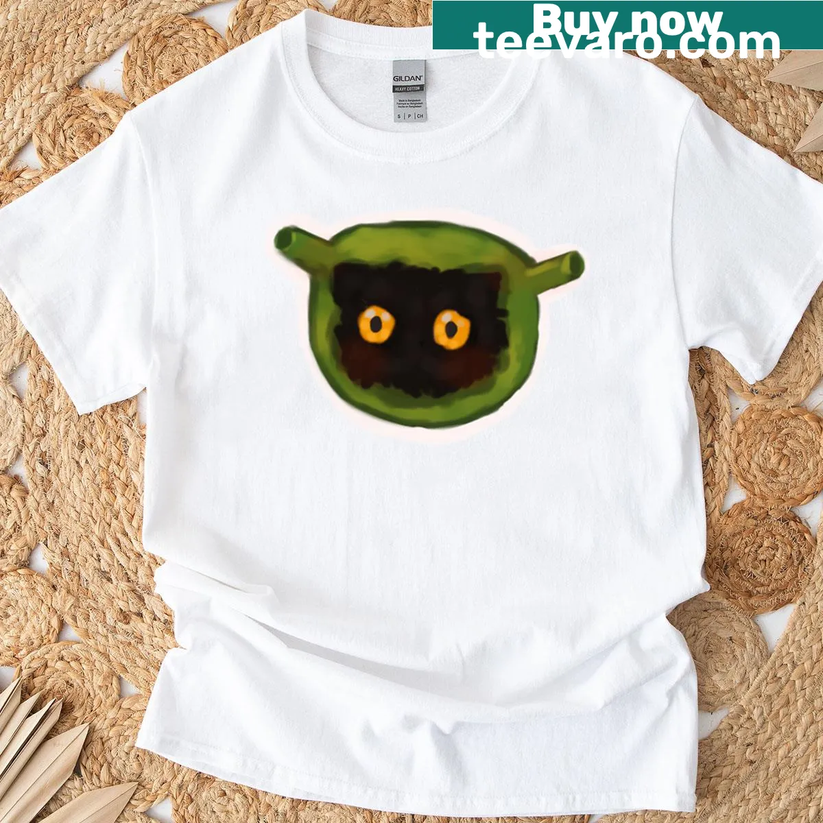 Cat in a Shrek hat, cartoon graphic on T-shirt — on a men's t-shirt