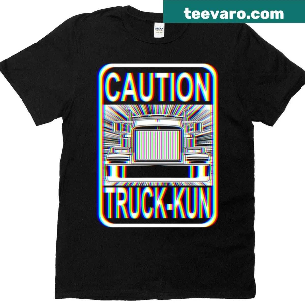 Bold text with Caution Truck-kun on an edgy t-shirt — on a men's t-shirt