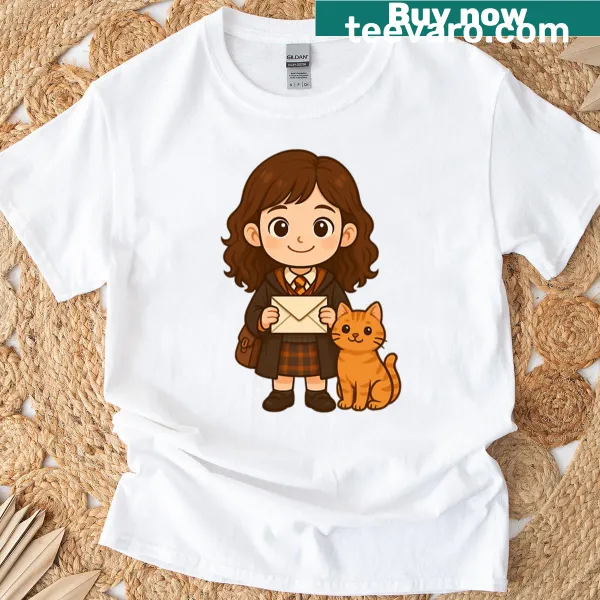 Cute chibi witch girl with orange cat and magic letter design