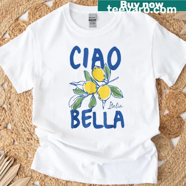 Whimsical lemon design with 'Ciao Bella' text on a t-shirt