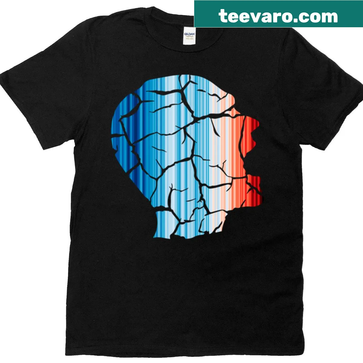 Oversized T-shirt with Climate Change Stripes shattered head graphic — on a men's t-shirt
