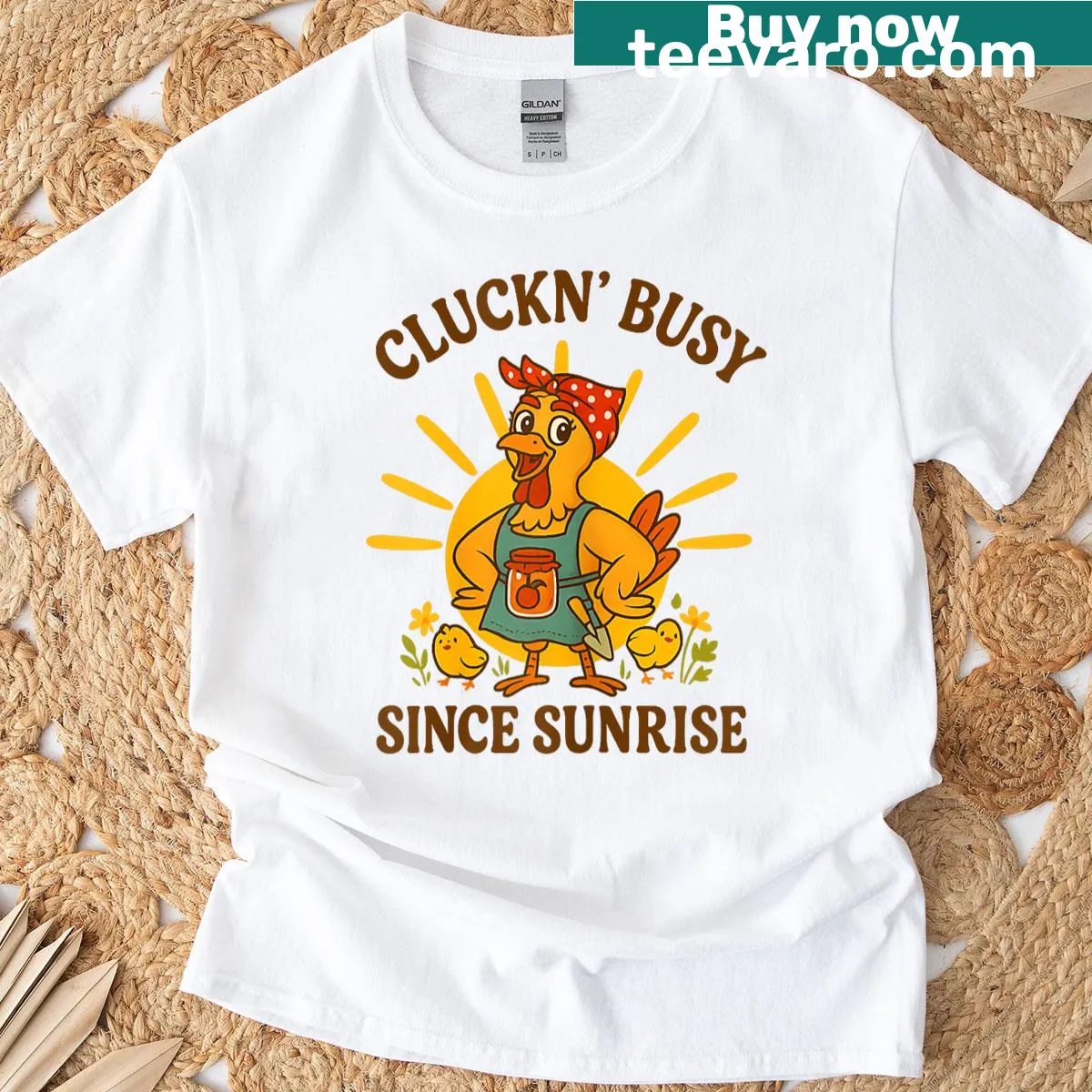 Funny homesteader t-shirt with chicken graphics and playful text — on a men's t-shirt