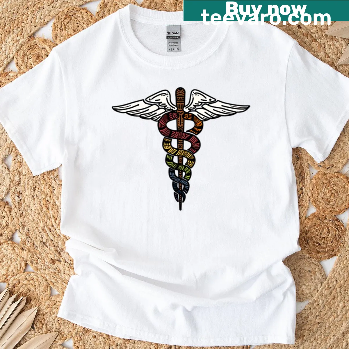 Staff of Caduceus graphic on T-shirt, medical illustration — on a men's t-shirt