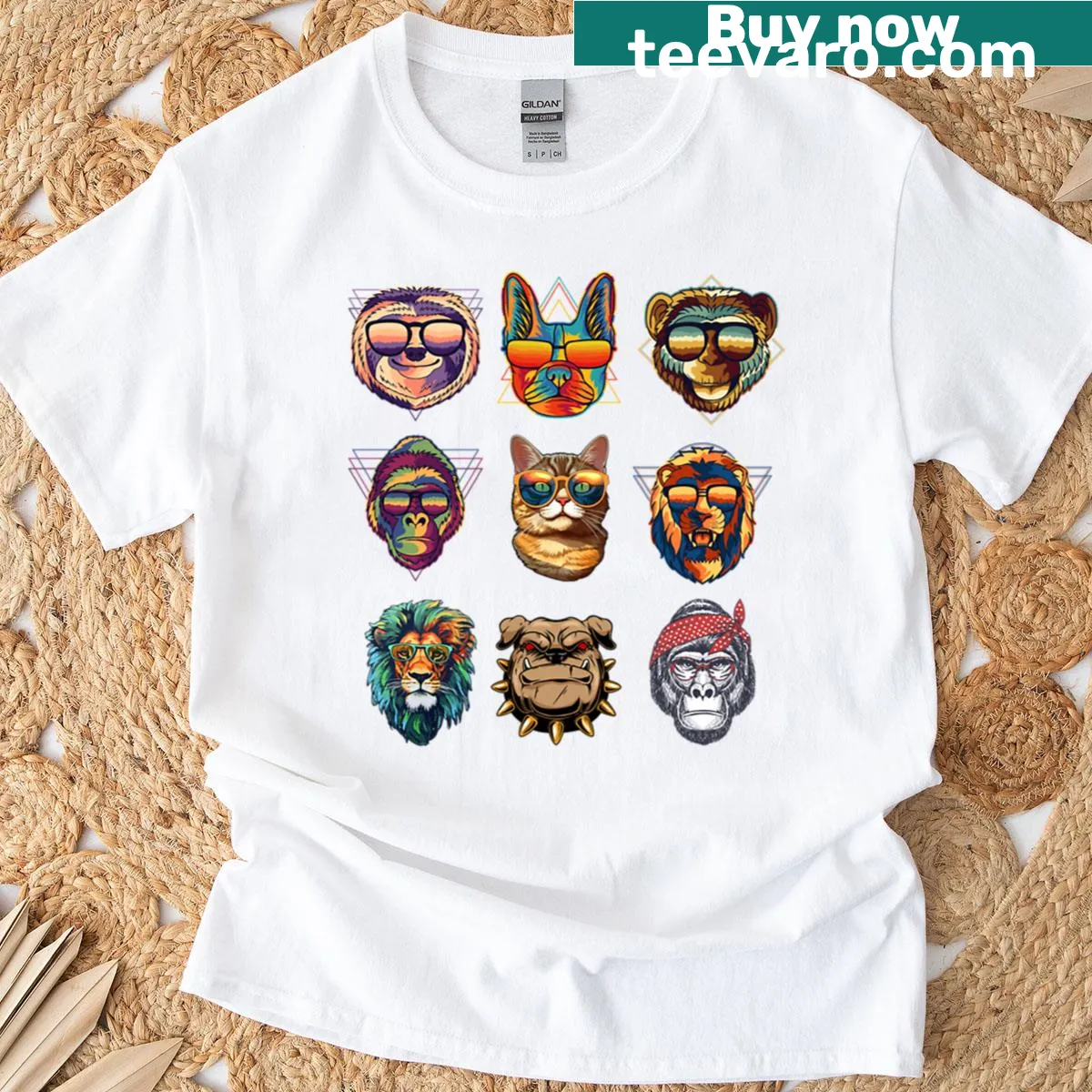 Retro T-shirt featuring animals with sunglasses — on a men's t-shirt