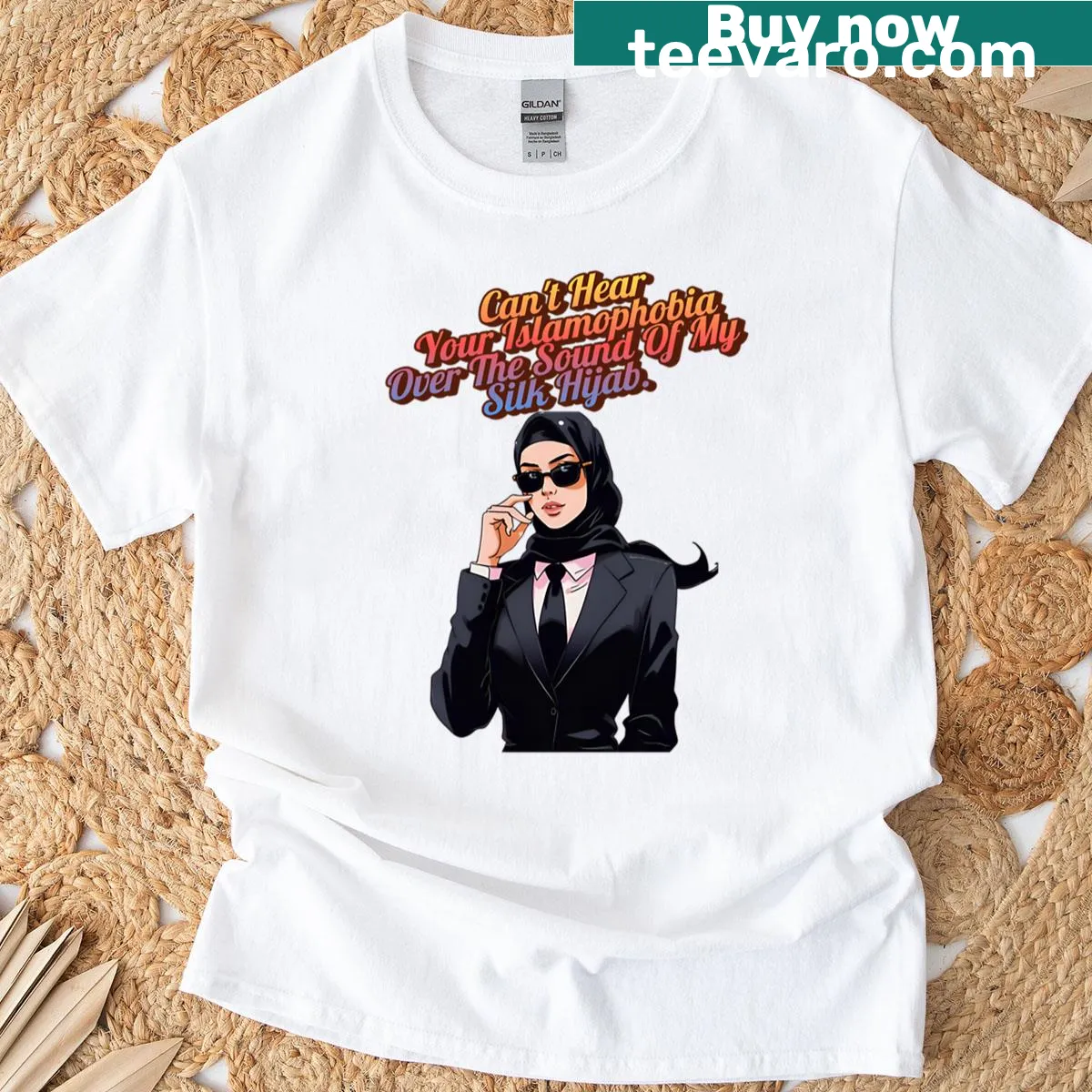Muslim girl graphic T-shirt with sarcastic phrase, stylish and humorous — on a men's t-shirt