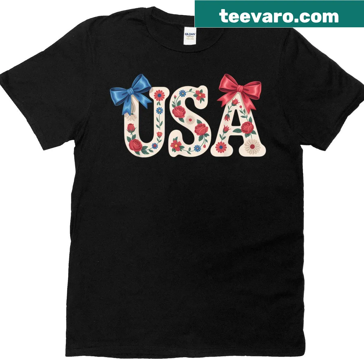 Floral and bow design for 4th of July T-shirt — on a men's t-shirt