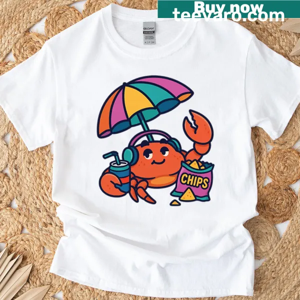 Beach-themed t-shirt featuring a crab and snacks
