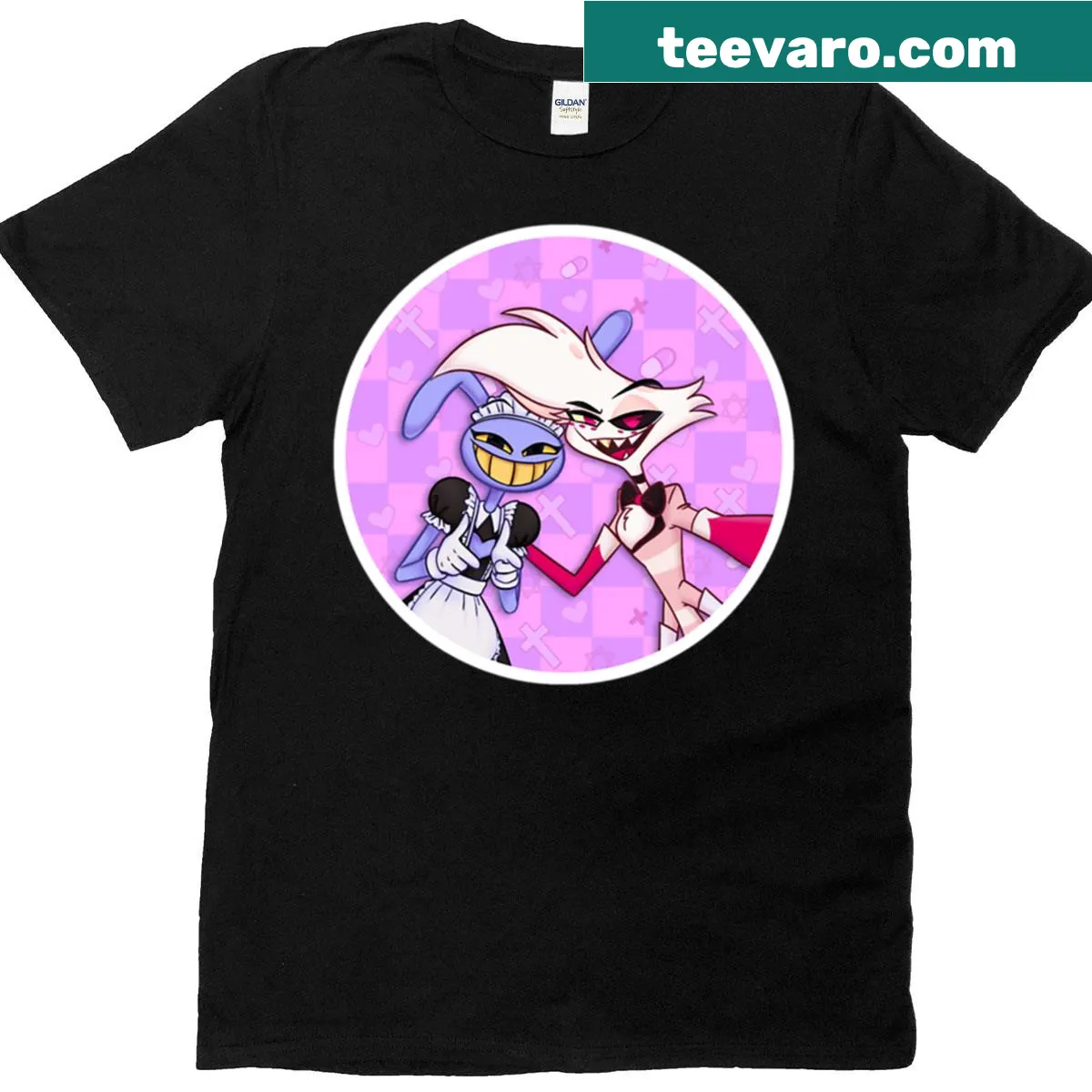 T-shirt featuring a playful crossover design of Angel Dust and Jax — on a men's t-shirt