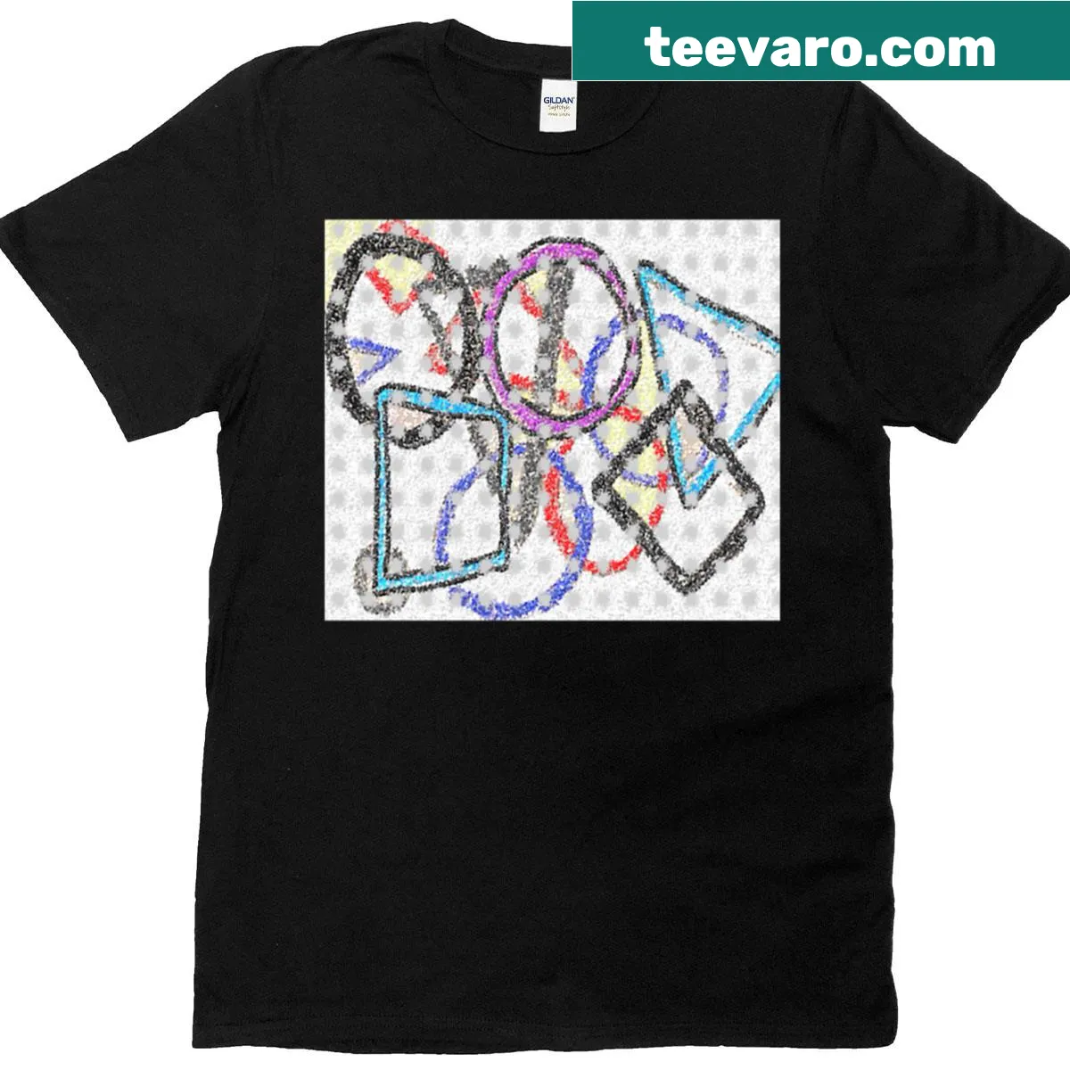 Abstract graphic of cogless wheels in geometric design on T-shirt. — on a men's t-shirt