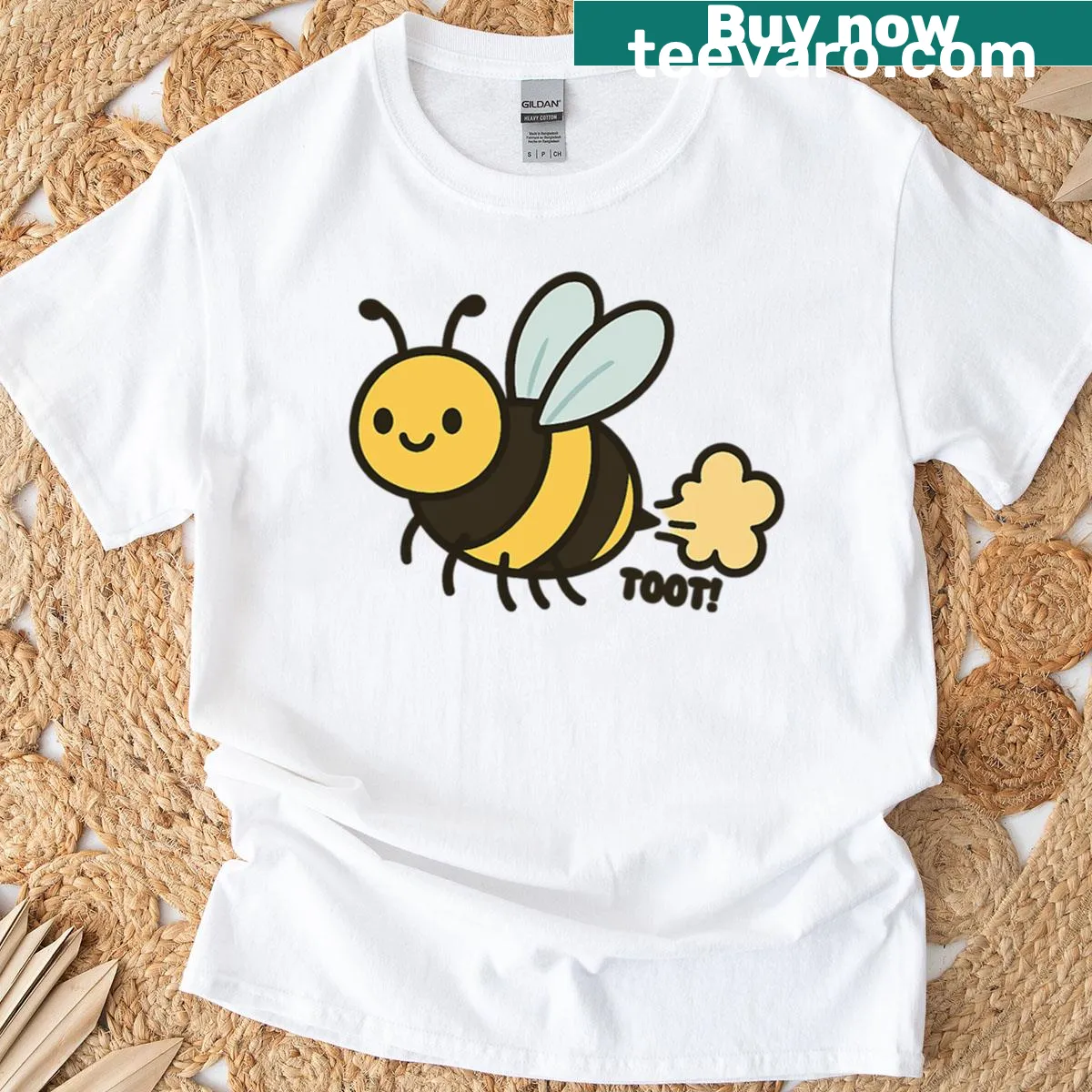 Cartoon t-shirt featuring a cute farting bee illustration — on a men's t-shirt