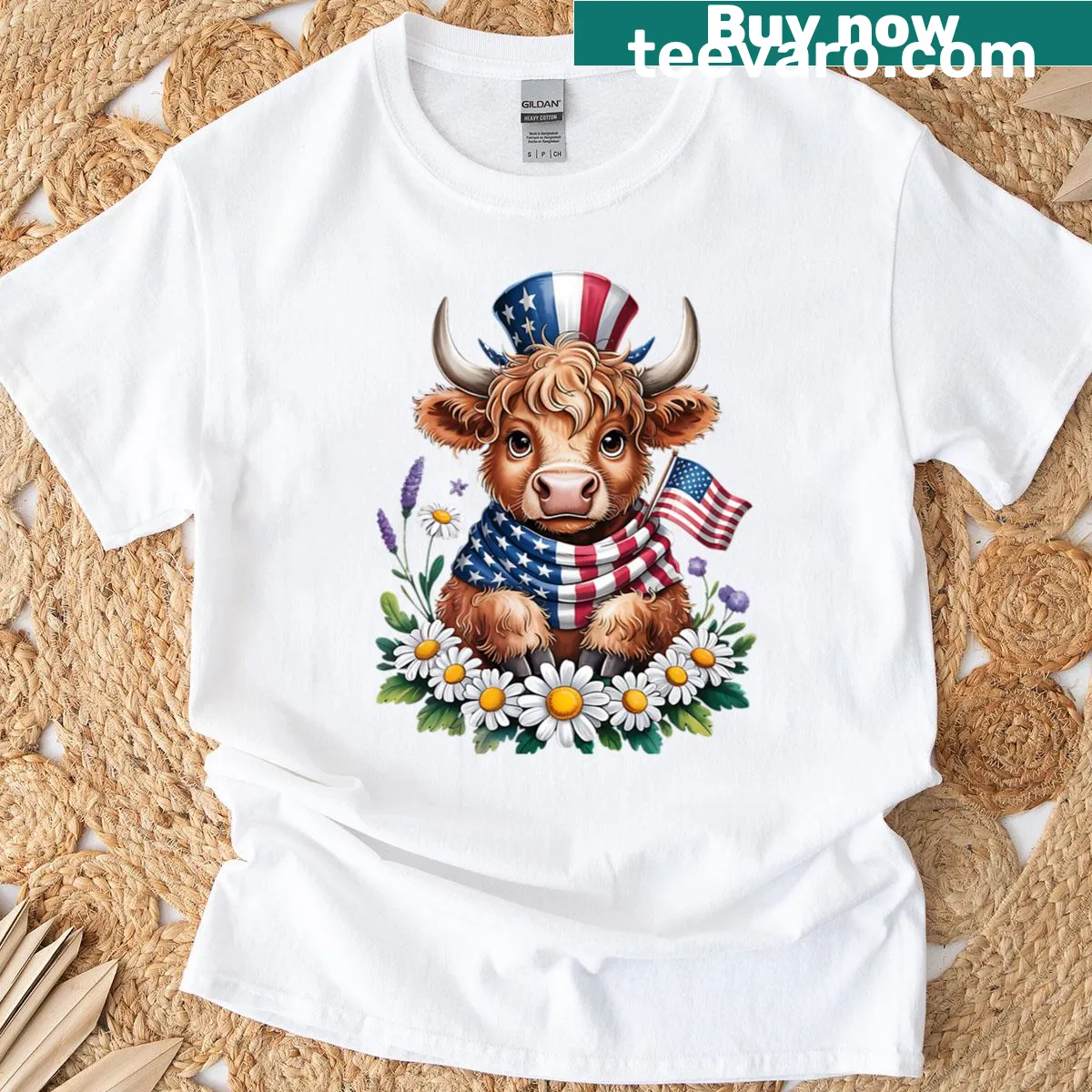 Highland cow with USA flag and wildflowers on T-shirt — on a men's t-shirt