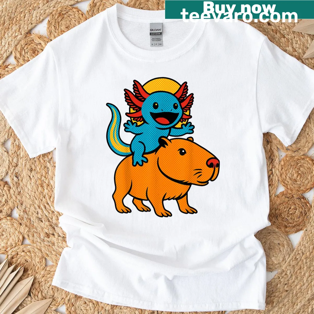 Illustration of a cute axolotl and capybara on a T-shirt — on a men's t-shirt