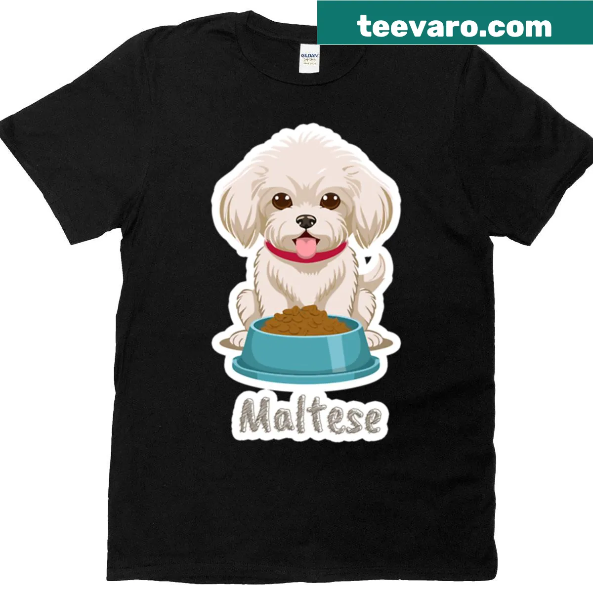 Adorable Maltese dog graphic t-shirt with food theme — on a men's t-shirt