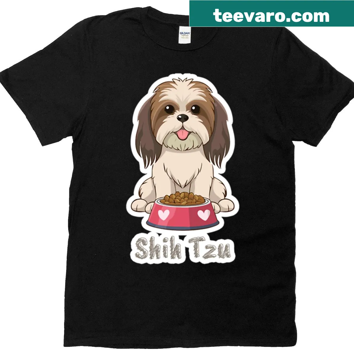 Adorable Shih Tzu graphic t-shirt with food bowl — on a men's t-shirt